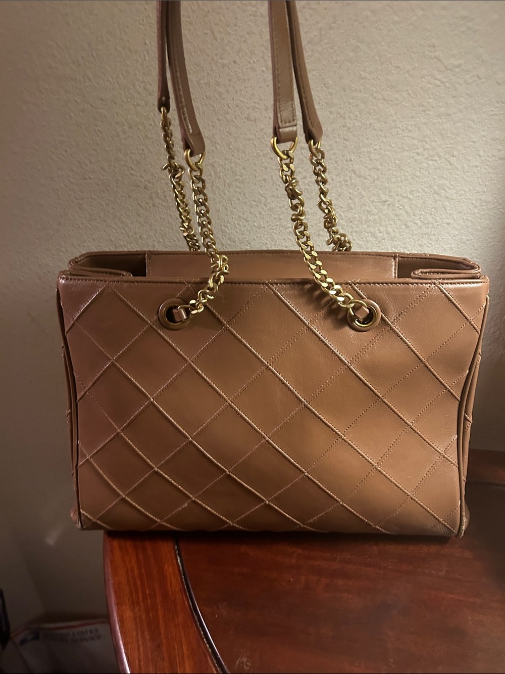 Quilted Tan Shoulder Tote Bag with Gold Chain Handles